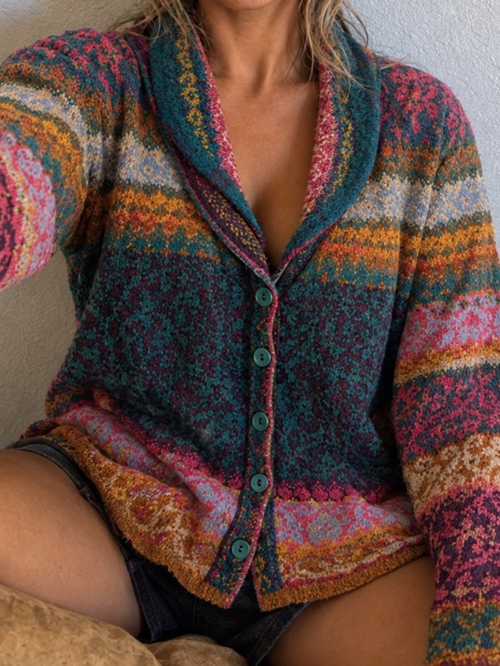 IVKO Multicolor Patterned Shawl Collar Cardigan - Teal, Pink & Gold vintage rare